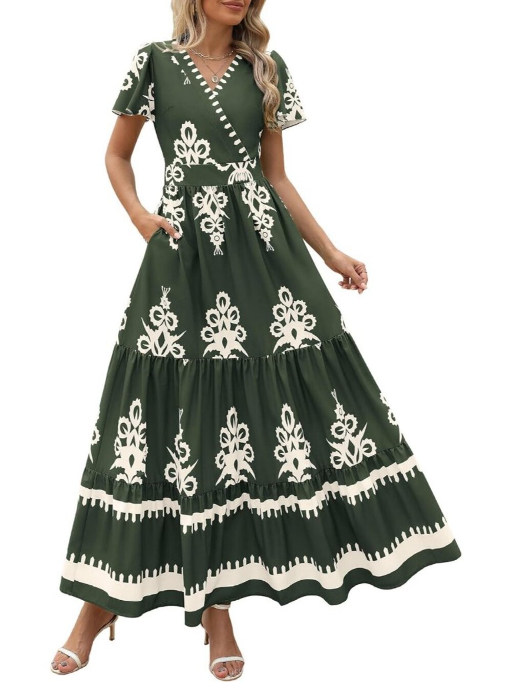 Women's Floral Army Green Boho Maxi V Neck Bell Sleeve Flowy Dress W/Pockets